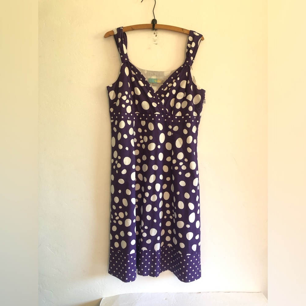 BODEN Dress Women's Size 10L Purple Polka Dot V Neck  Summer Fun Midi